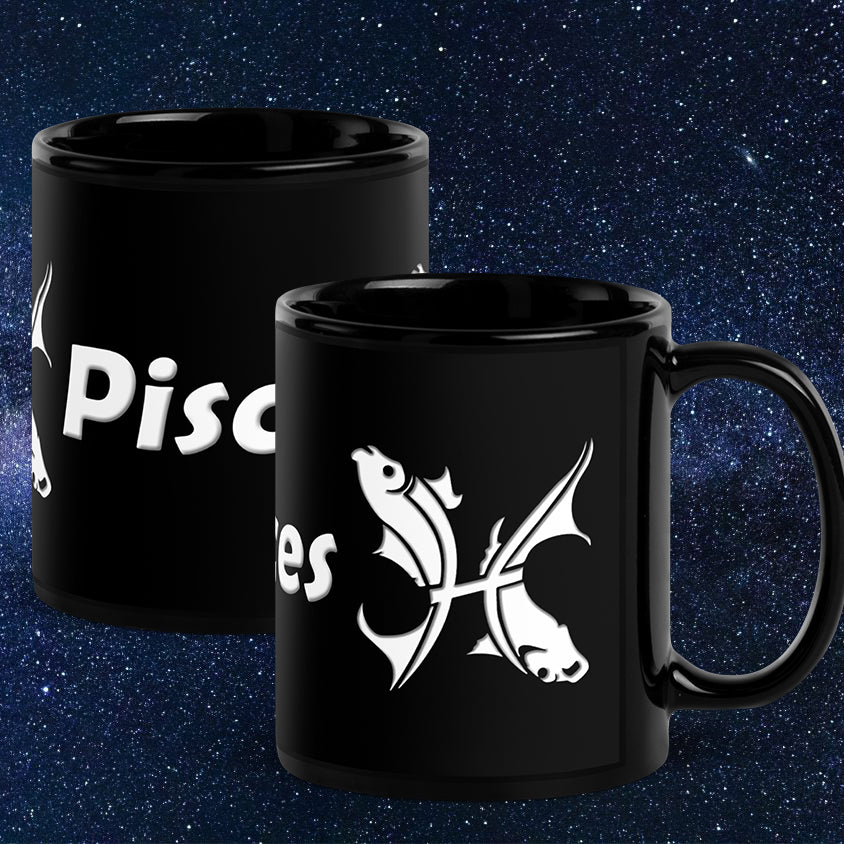 Black 11 oz Ceramic Mug - White Pisces Text & Symbol