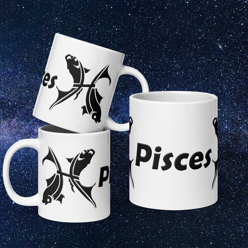 White 20 oz Ceramic Mug - Black Pisces Text & Symbol