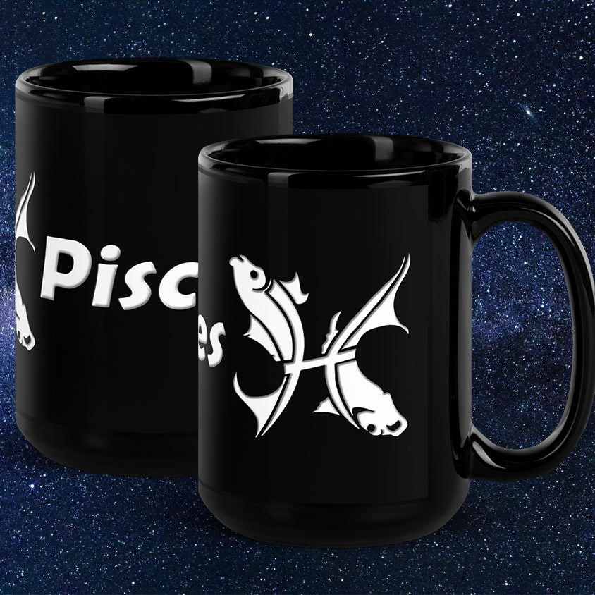 Black 15 oz Ceramic Mug - White Pisces Text & Symbol