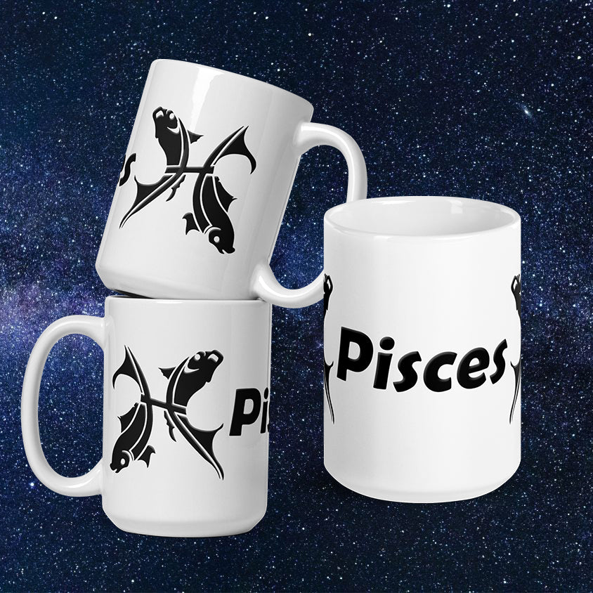 White 15 oz Ceramic Mug - Black Pisces Text & Symbol