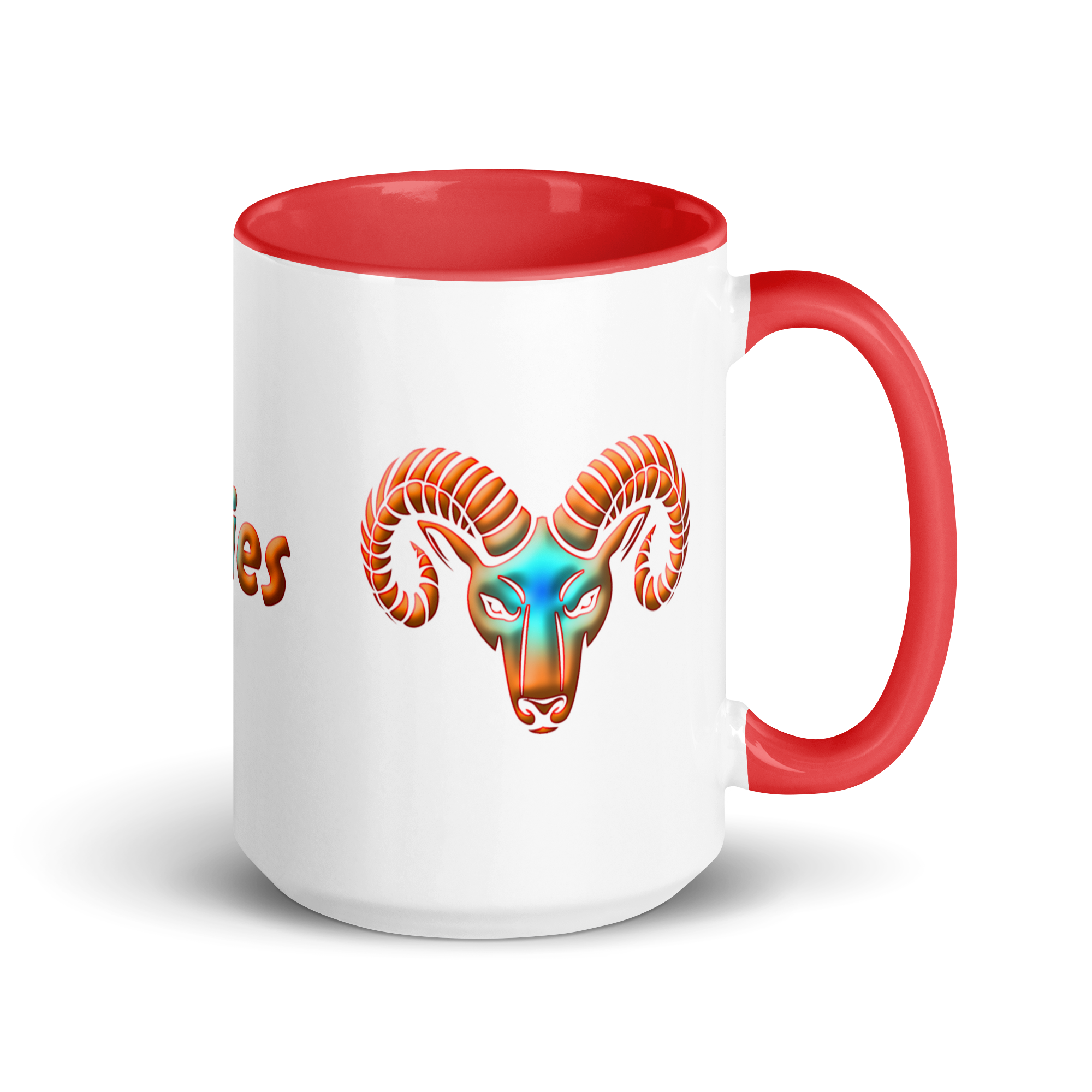 15oz White Ceramic Mug with Aries Symbol, Red Handle & Inside