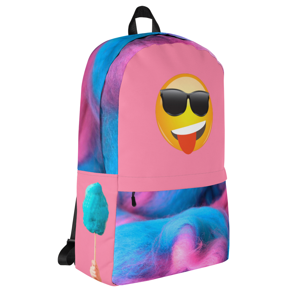 Pink Backpack Featuring Emoji Wearing Sunglasses With Tongue Out on Top and Cotton Candy on Front Pouch, Top and Sides - Left Side