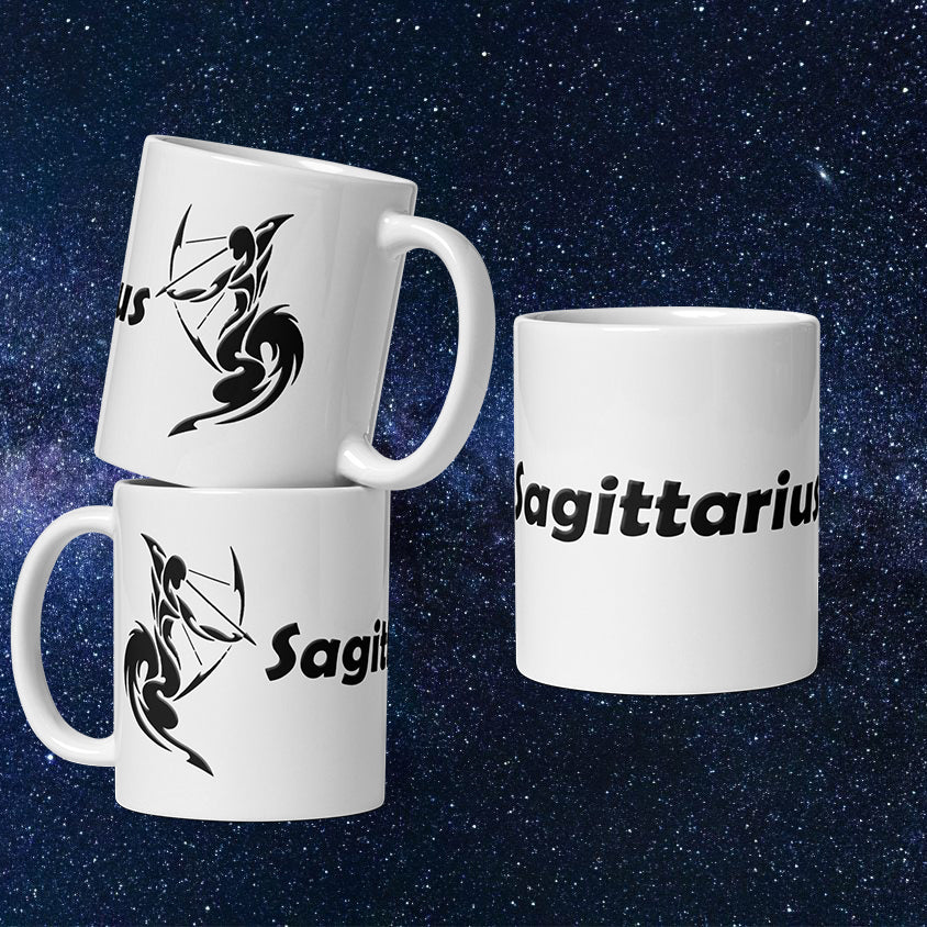 White 11 oz Ceramic Mug - Black Sagittarius Text & Symbol
