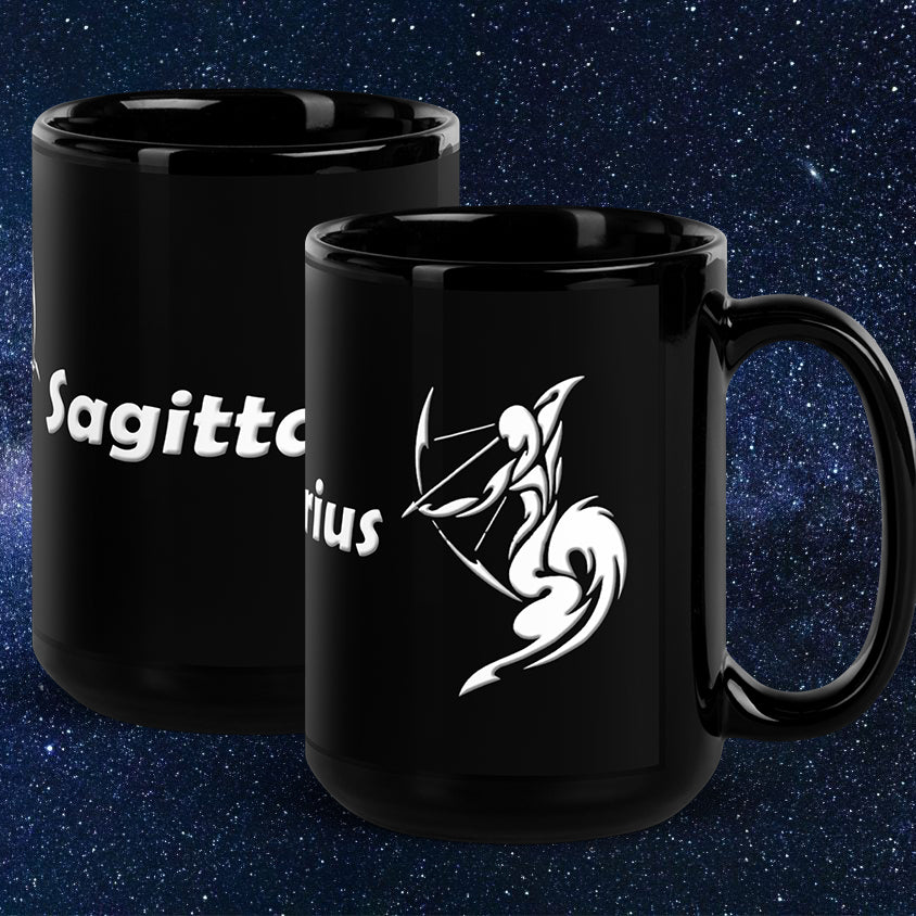 Black 15 oz Ceramic Mug - White Sagittarius Text & Symbol