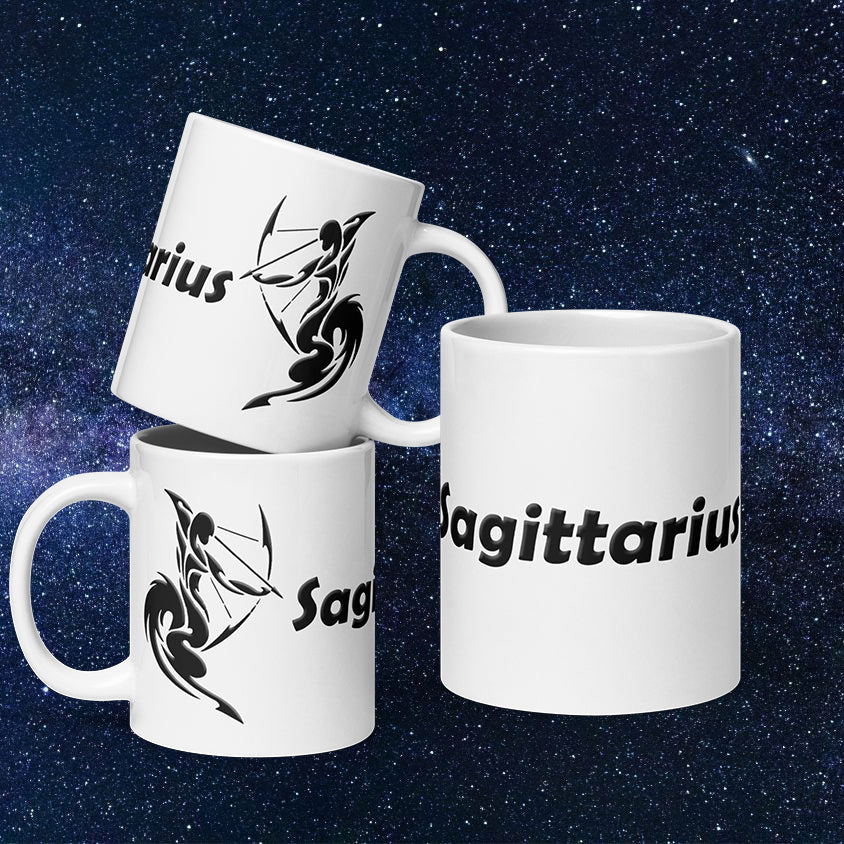 White 20 oz Ceramic Mug - Black Sagittarius Text & Symbol