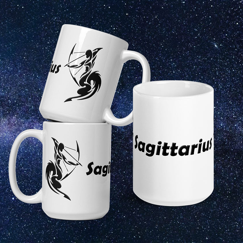 White 15 oz Ceramic Mug - Black Sagittarius Text & Symbol