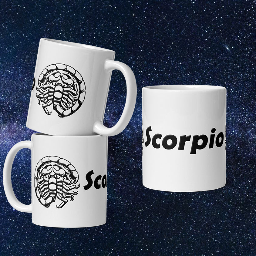 White 11 oz Ceramic Mug - Black Scorpio Text & Symbol