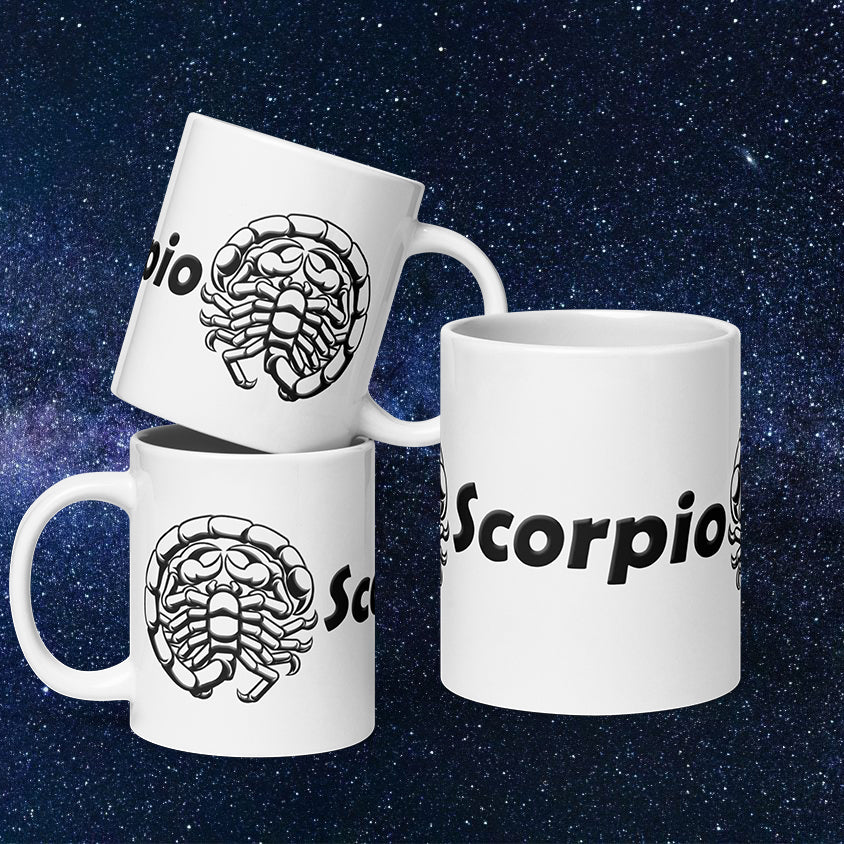 White 20 oz Ceramic Mug - Black Scorpio Text & Symbol