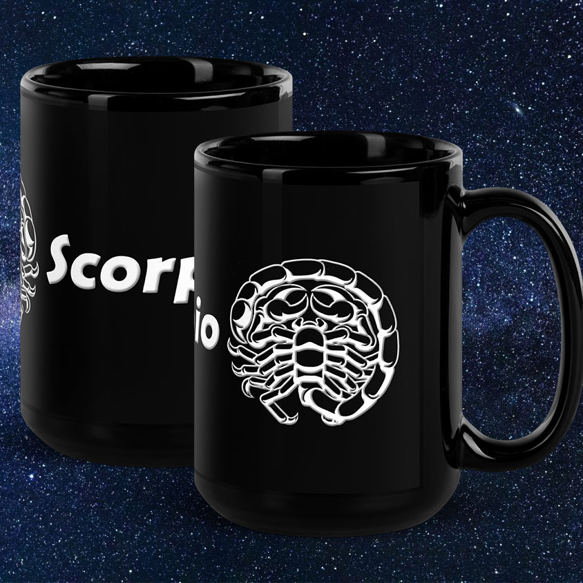 Black 15 oz Ceramic Mug - White Scorpio Text & Symbol