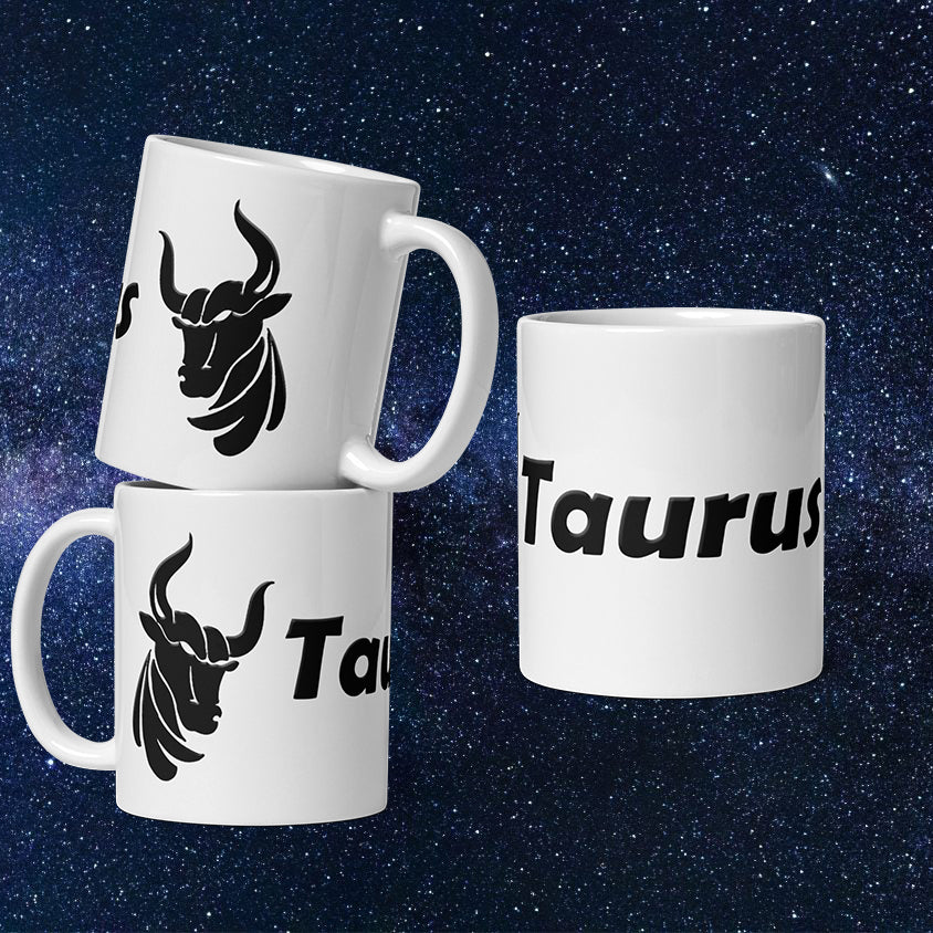 White 11 oz Ceramic Mug - Black Taurus Text & Symbol