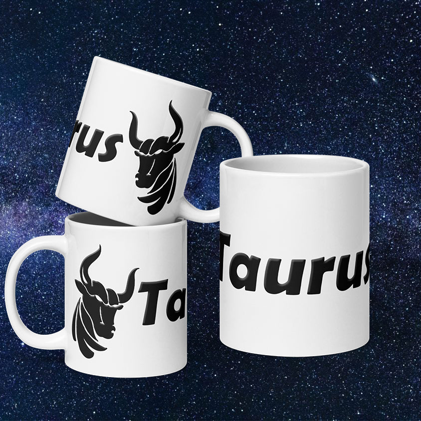 White 20 oz Ceramic Mug - Black Taurus Text & Symbol