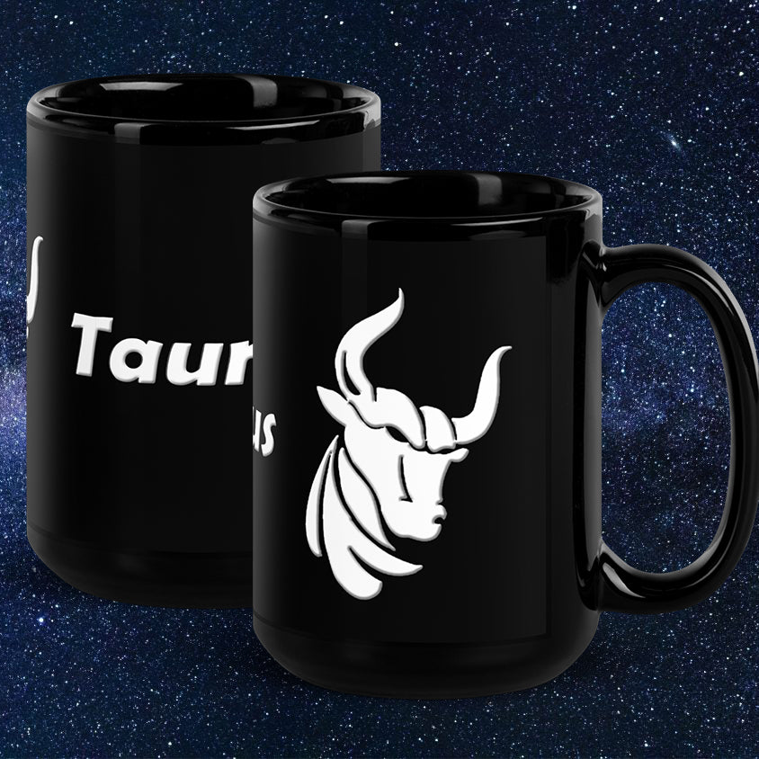 Black 15 oz Ceramic Mug - White Taurus Text & Symbol