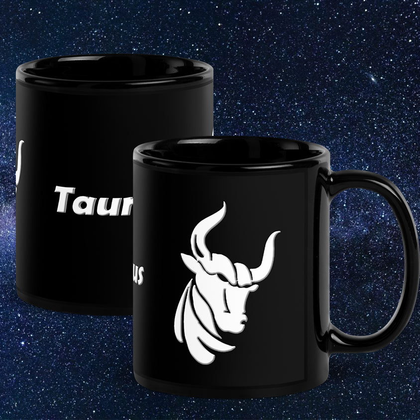 Black 11 oz Ceramic Mug - White Taurus Text & Symbol