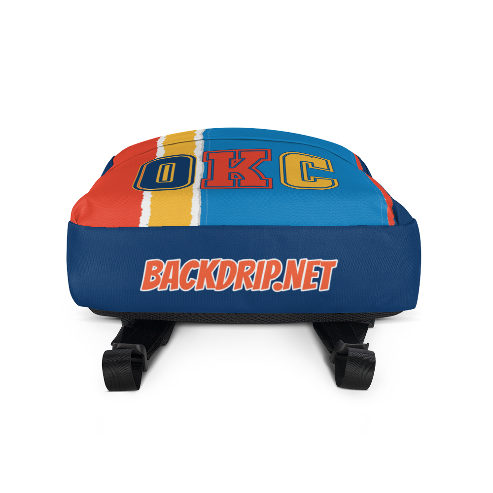 Orange, Yellow, Light & Dark Blue Backpack, Dark Blue Trim with OKC Text - Bottom