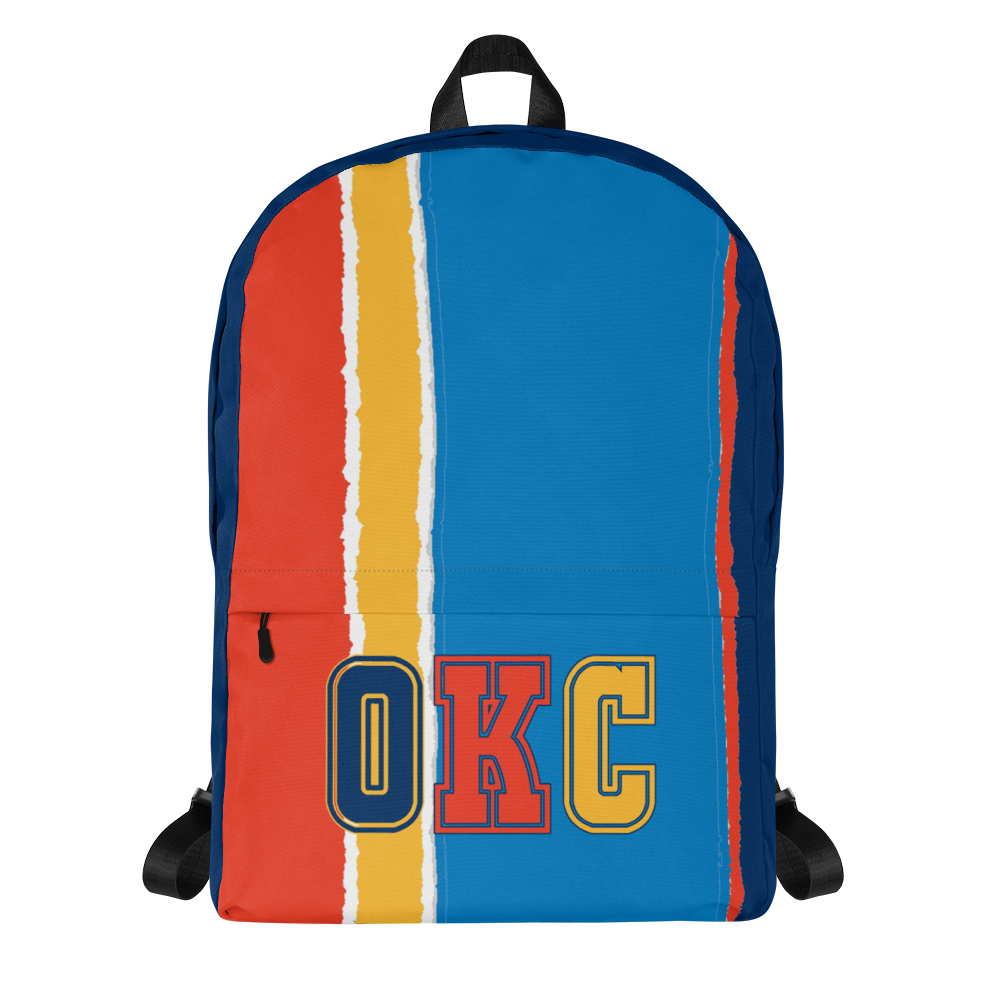 Orange, Yellow, Light & Dark Blue Backpack, Dark Blue Trim with OKC Text - Front