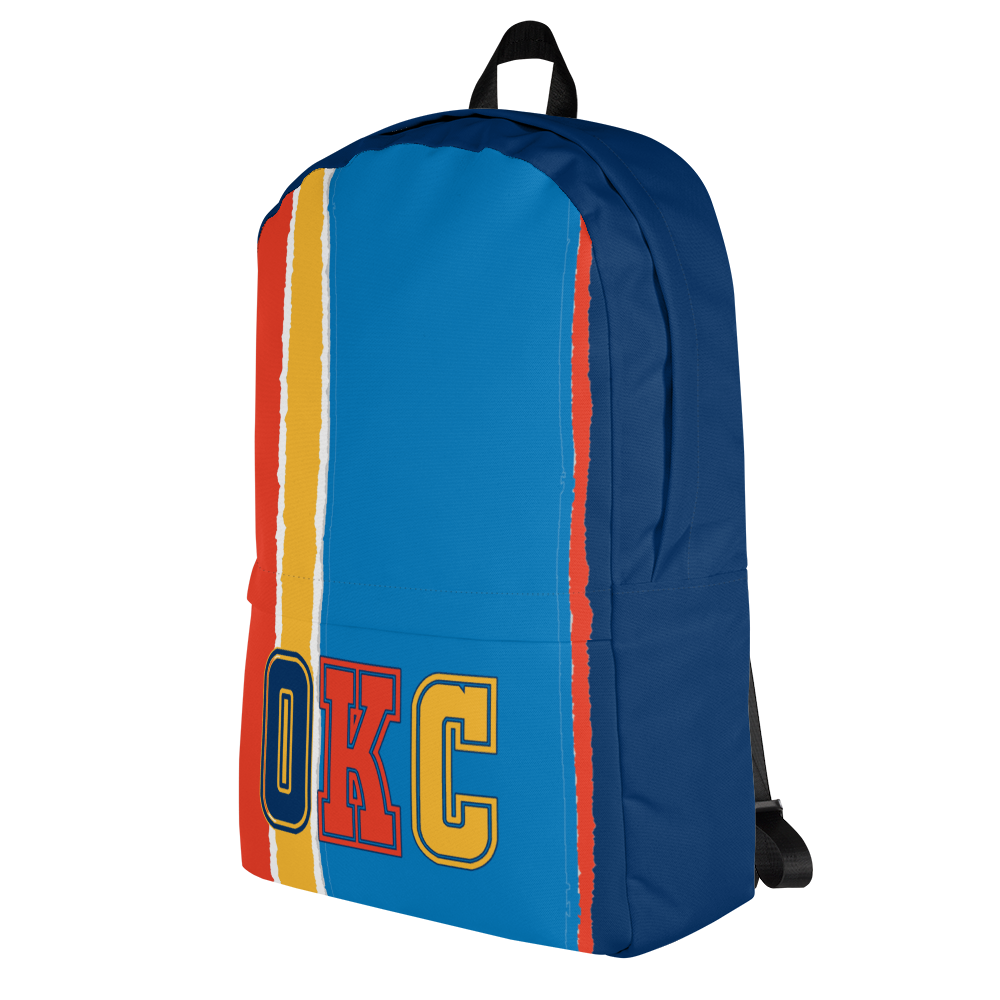 Orange, Yellow, Light & Dark Blue Backpack, Dark Blue Trim with OKC Text - Right Side