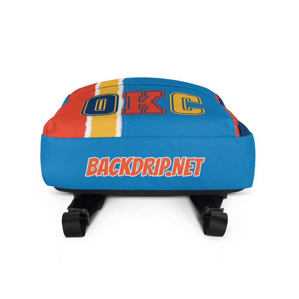 Orange, Yellow, Light & Dark Blue Backpack, Light Blue Trim with OKC Text - Bottom