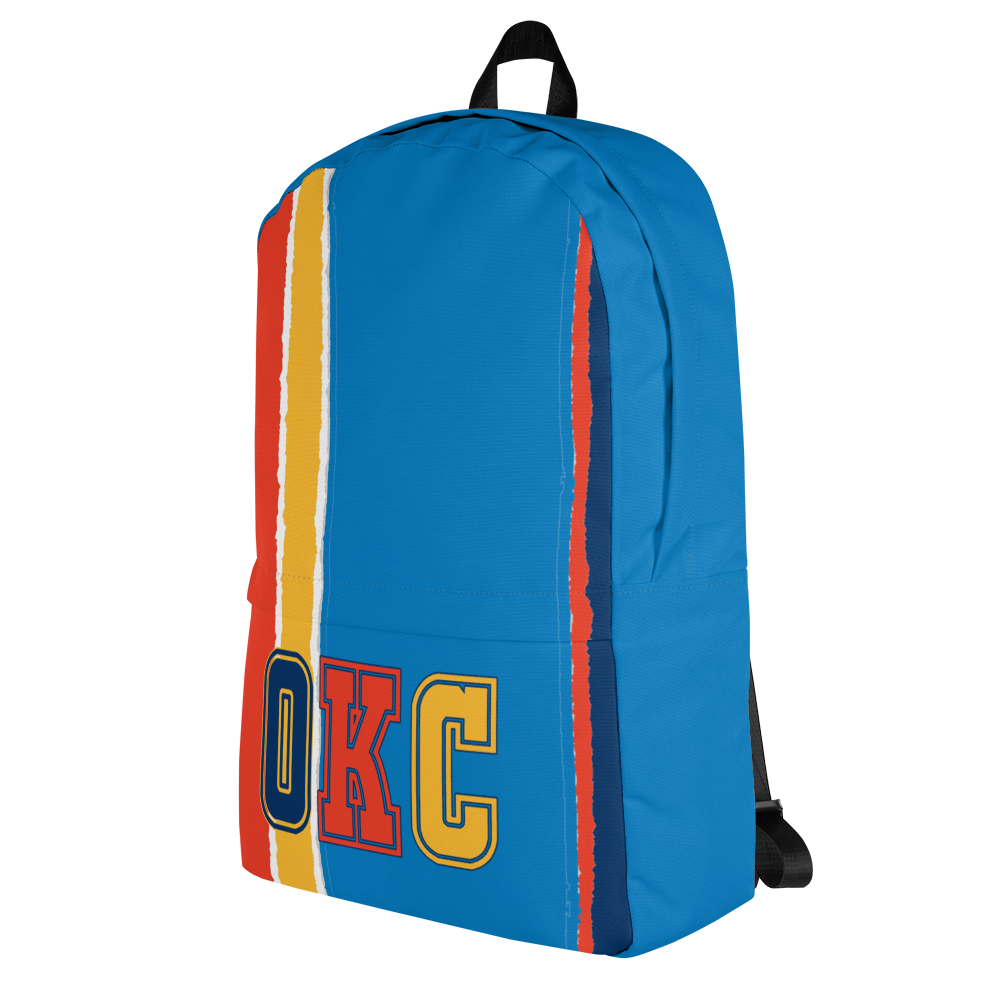 Orange, Yellow, Light & Dark Blue Backpack, Light Blue Trim with OKC Text - Right Side