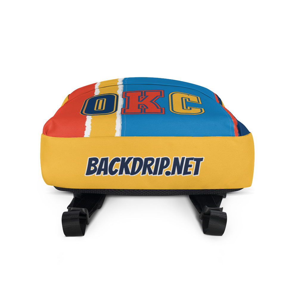 Orange, Yellow, Light & Dark Blue Backpack, Yellow Trim with OKC Text - Bottom