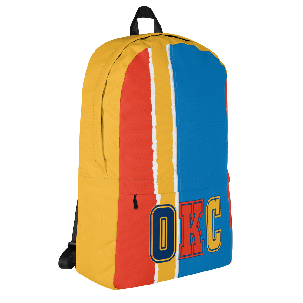 Orange, Yellow, Light & Dark Blue Backpack, Yellow Trim with OKC Text - Left Side
