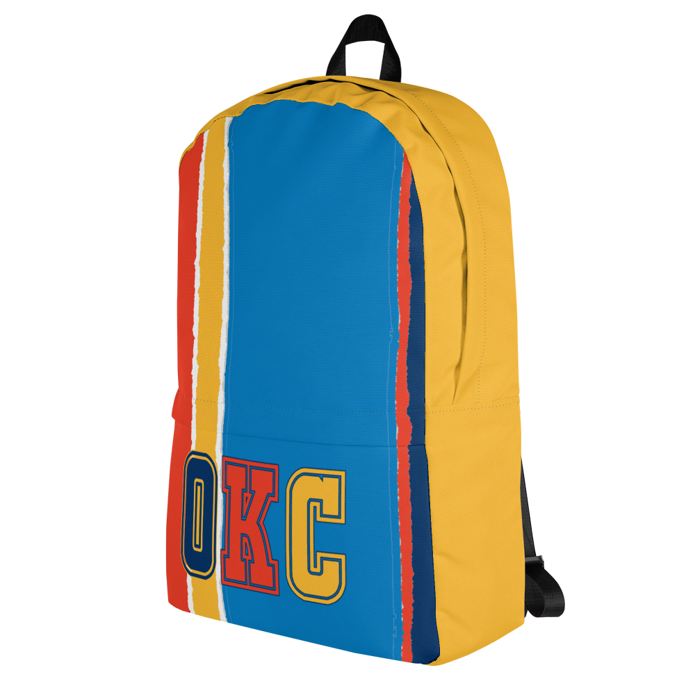 Orange, Yellow, Light & Dark Blue Backpack, Yellow Trim with OKC Text - Right Side