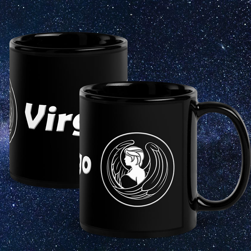 Black 11 oz Ceramic Mug - White Virgo Text & Symbol