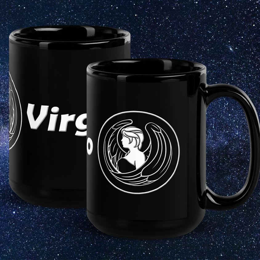 Black 15 oz Ceramic Mug - White Virgo Text & Symbol