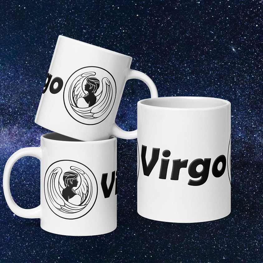 White 20 oz Ceramic Mug - Black Virgo Text & Symbol