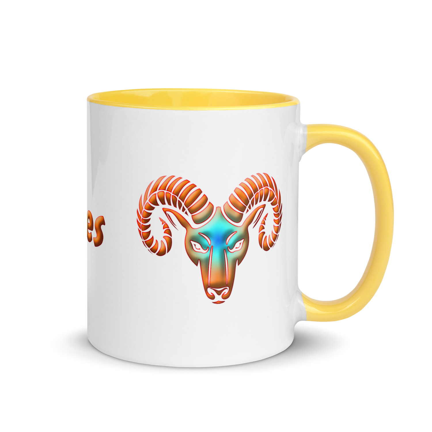 11oz White Ceramic Mug with Aries Symbol, Yellow Handle & Inside
