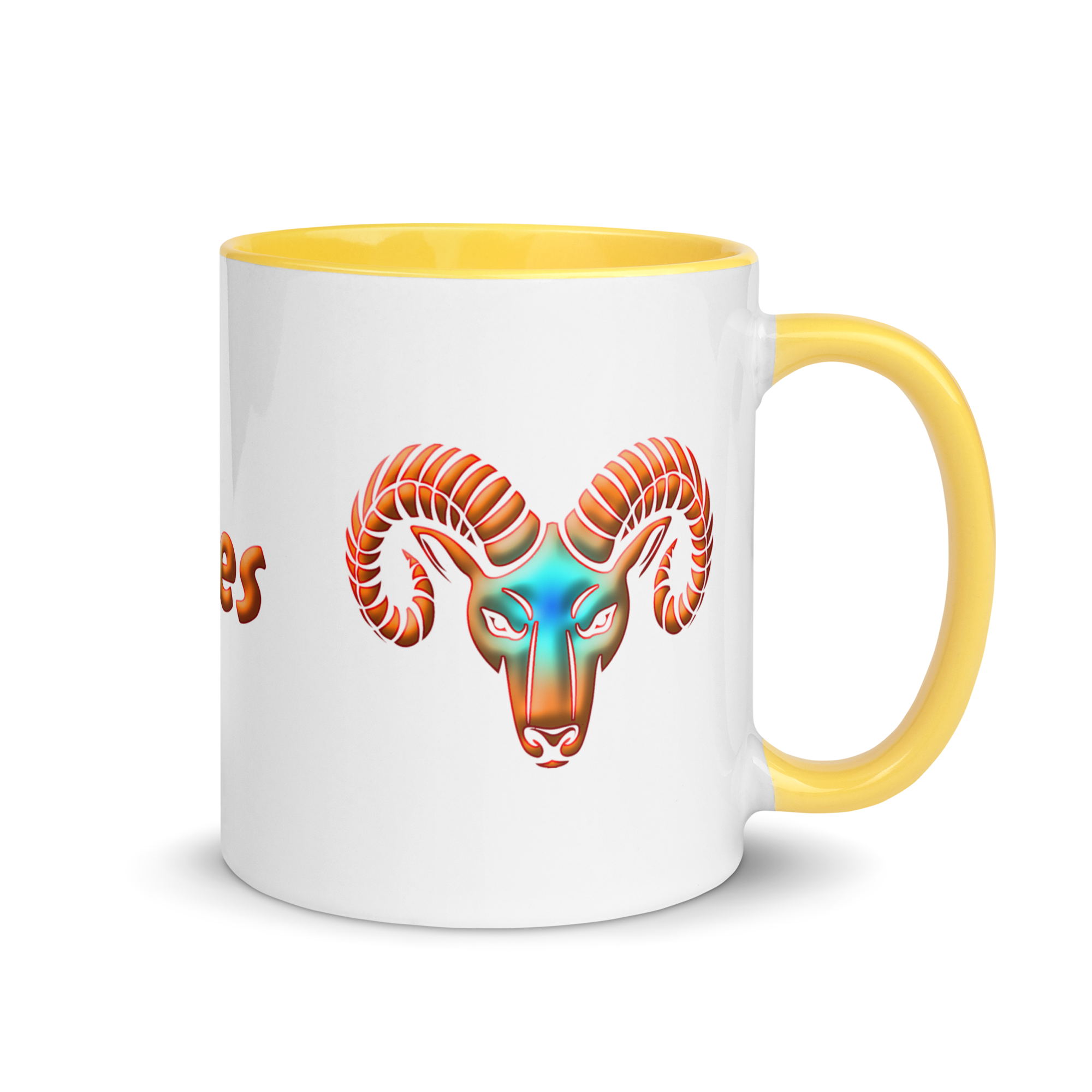 11oz White Ceramic Mug with Aries Symbol, Yellow Handle & Inside