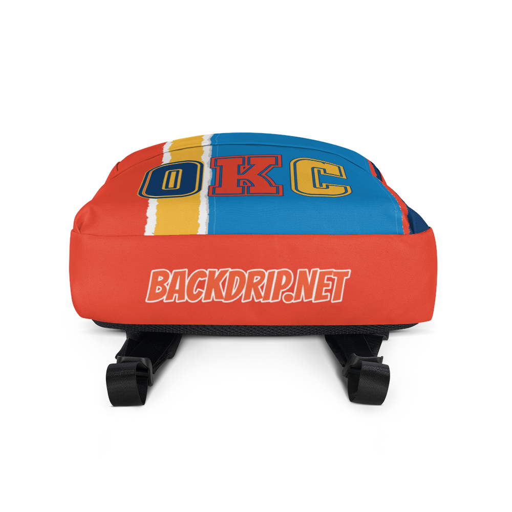 Orange, Yellow, Light & Dark Blue Backpack, Orange Trim with OKC Text - Bottom
