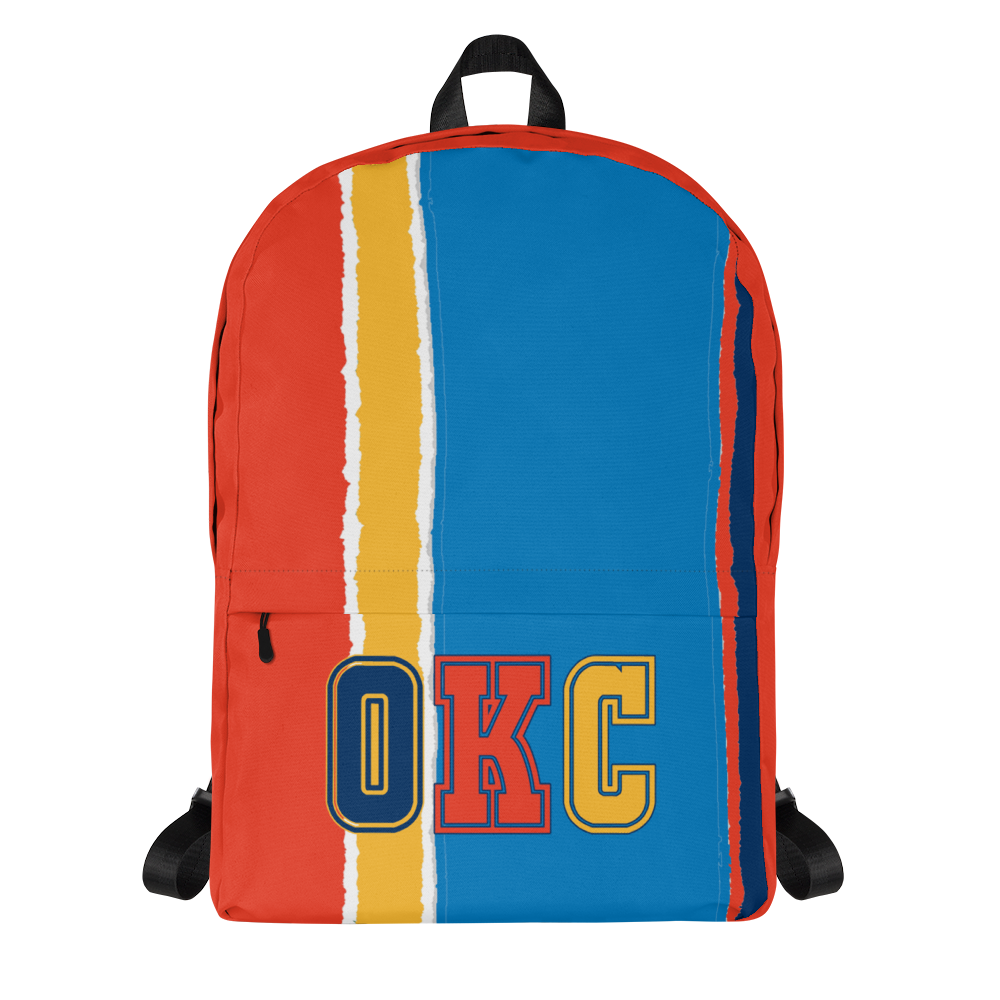 Orange, Yellow, Light & Dark Blue Backpack, Orange Trim with OKC Text - Front