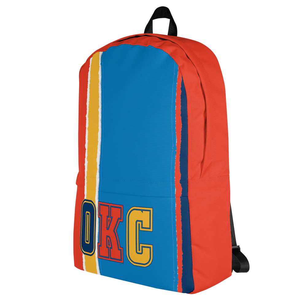 Orange, Yellow, Light & Dark Blue Backpack, Orange Trim with OKC Text - Right Side