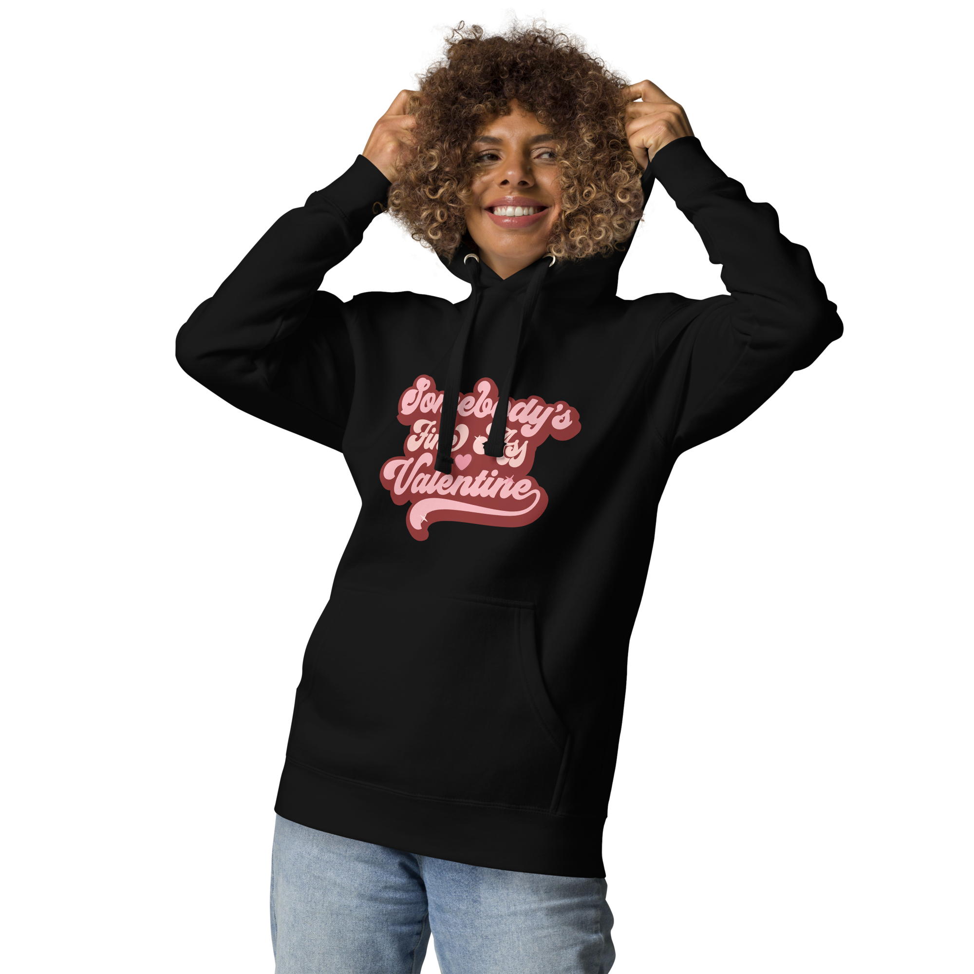 African American Woman Wearing Black Hoodie with Pink Retro Style Text "Somebody&