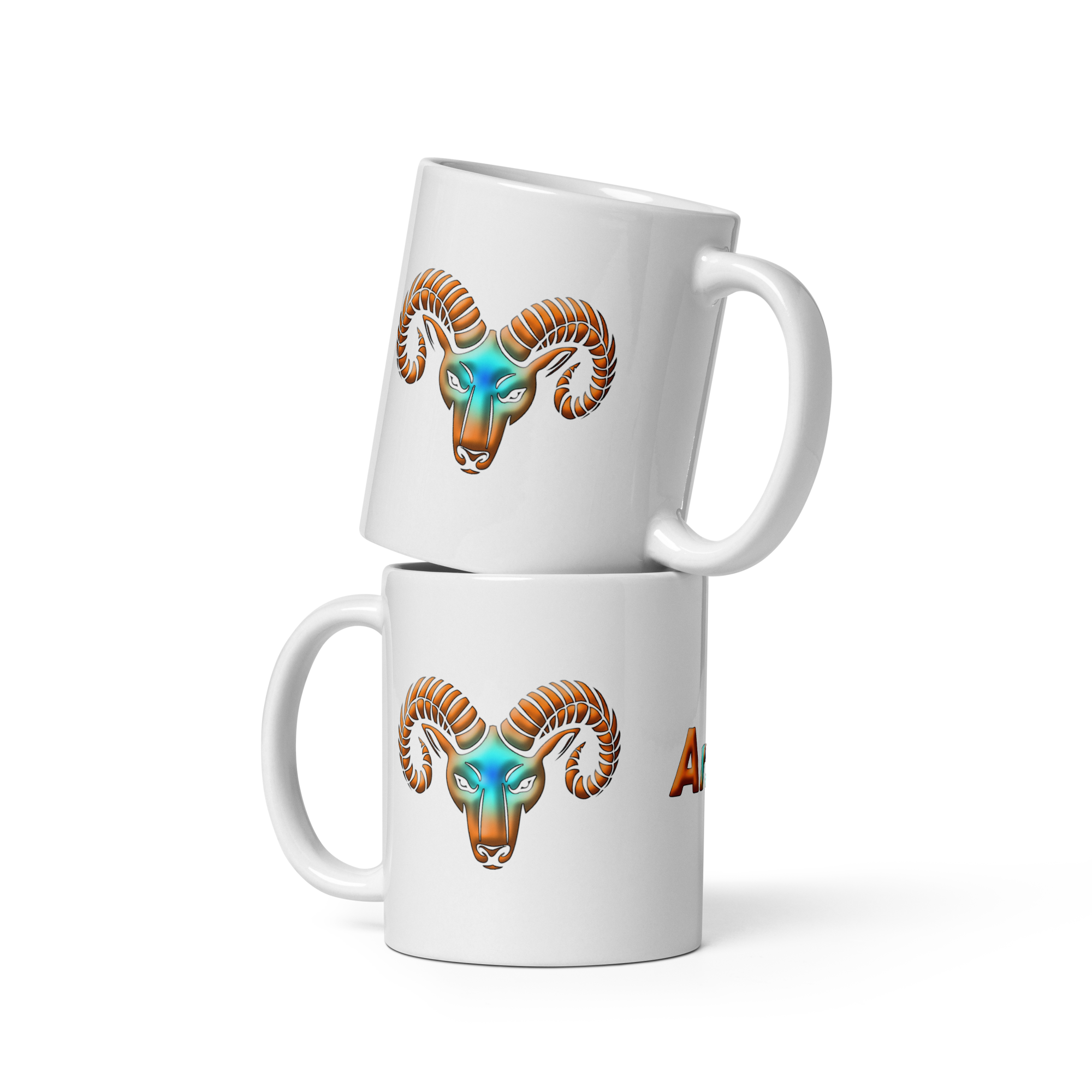 Two Stacked White 11 oz Ceramic Mugs with Aries Symbol