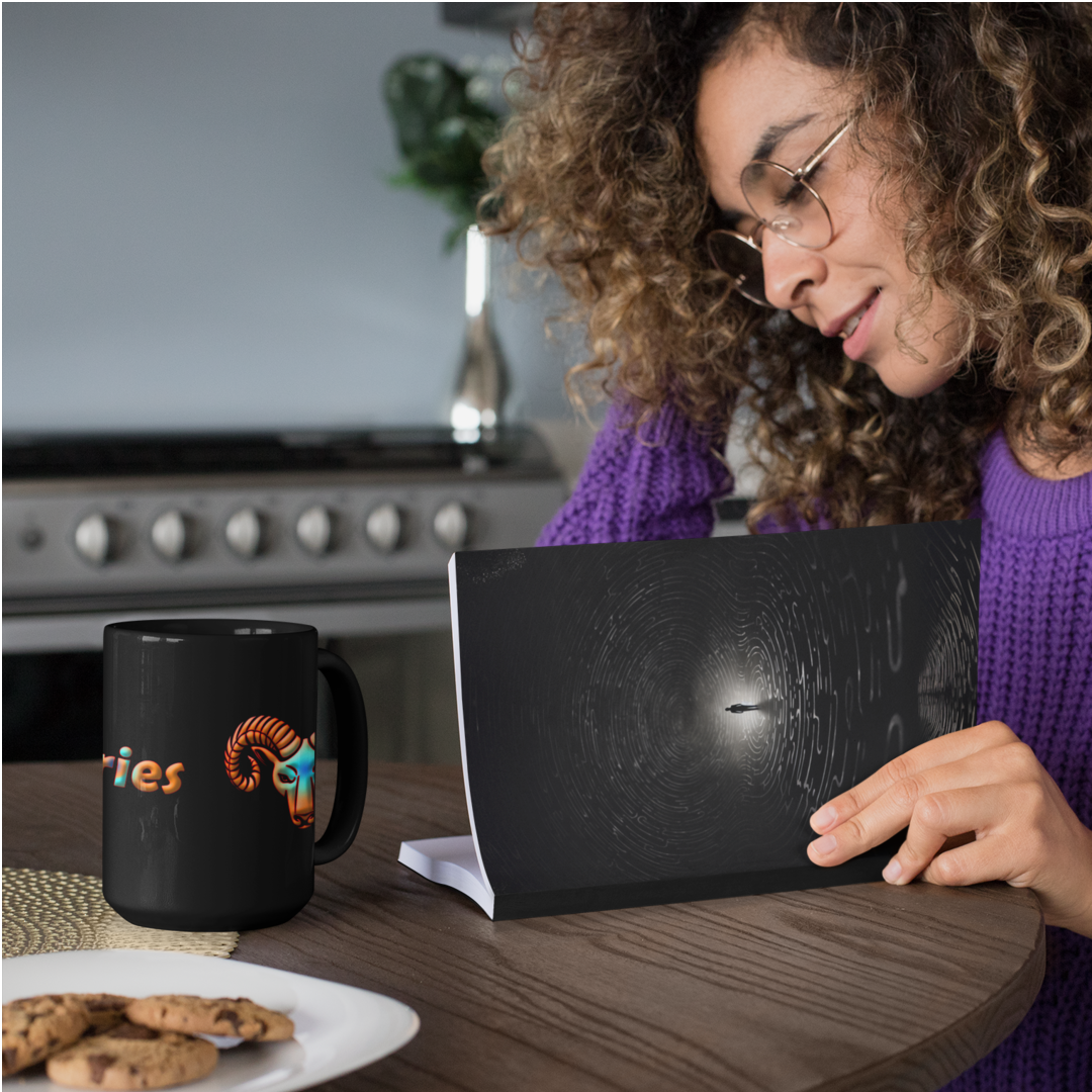 Woman Reading Book at Table, with 15oz Black Glossy Aries Mug