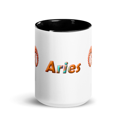 15oz White Ceramic Mug, Front View with Aries Text, Black Inside