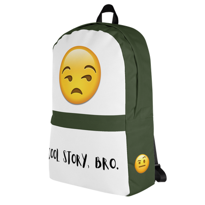 Backpack Featuring Unamused Emoji on Top and &quot;Cool Story, Bro&quot; Text on Bottom and Green Border on Zipper and Sides - Right Side, Featuring Emoji With Raised Eyebrow