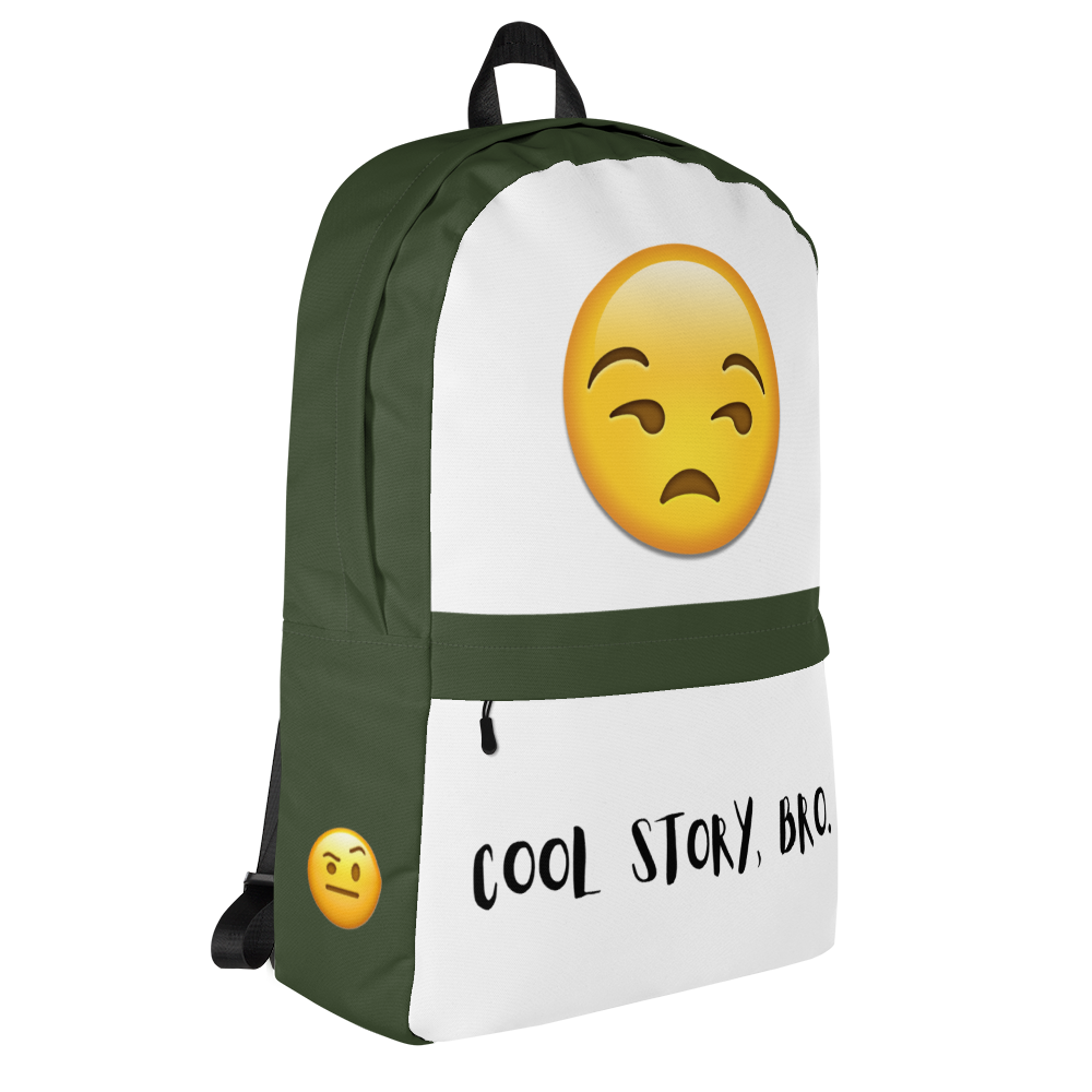 Backpack Featuring Unamused Emoji on Top and &quot;Cool Story, Bro&quot; Text on Bottom and Green Border on Zipper and Sides - Left Side Featuring Emoji With Raised Eyebrow