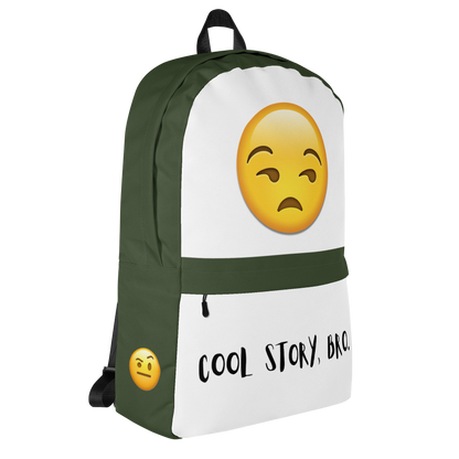 Backpack Featuring Unamused Emoji on Top and &quot;Cool Story, Bro&quot; Text on Bottom and Green Border on Zipper and Sides - Left Side Featuring Emoji With Raised Eyebrow