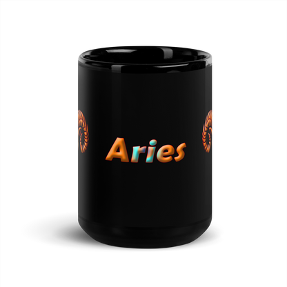 15oz Black Glossy Aries Mug Front View, Showing Text