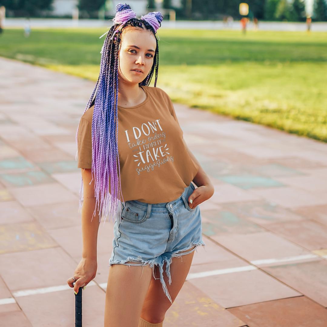 A Woman With Long Braids Leaning on a Baseball Bat Wearing A Crew Neck T-Shirt with Text - &quot;I Don&