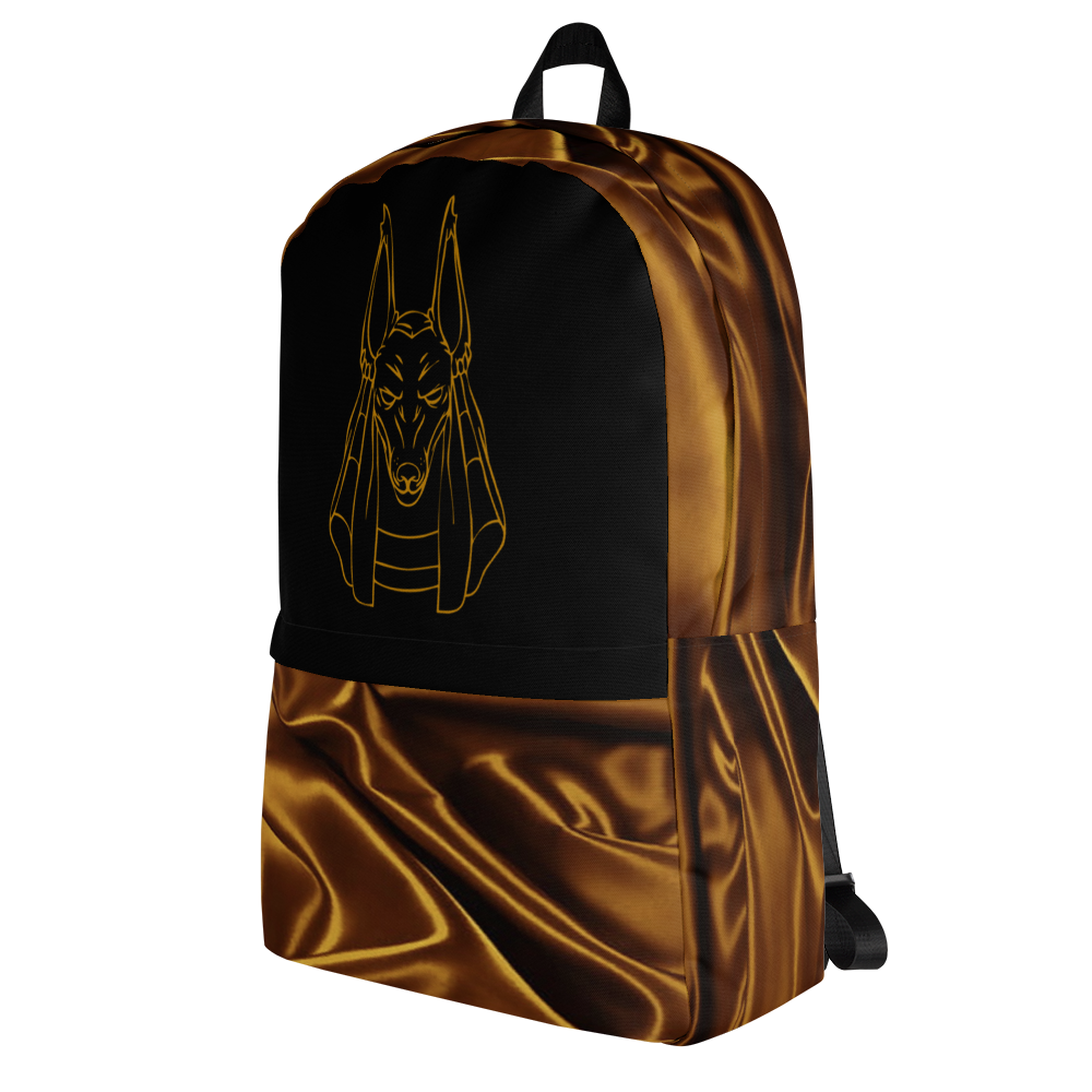 Backpack Featuring Anubis Line Drawing on Black Background and Gold Silk