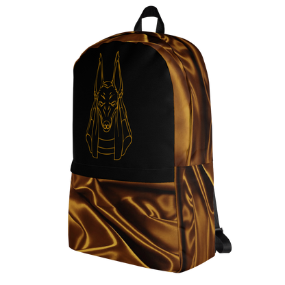 Backpack Featuring Anubis Line Drawing on Black Background and Gold Silk