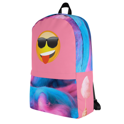 Pink Backpack Featuring Emoji Wearing Sunglasses With Tongue Out  on Top and Cotton Candy on Front Pouch, Top and Sides - Right Side