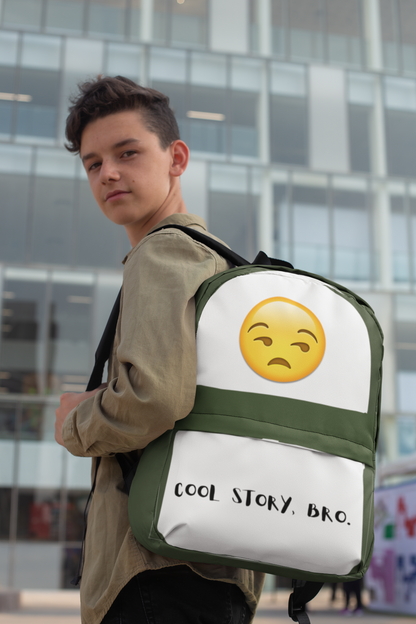 Caucasian Boy Wearing Cool Story Backpack Standing in Front of Building