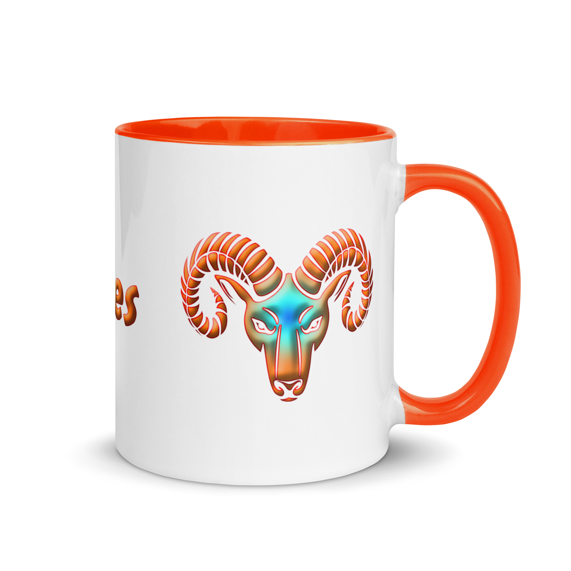 11oz White Ceramic Mug with Aries Symbol, Orange Handle &amp; Inside