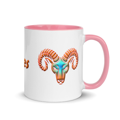 11 oz White Ceramic Mug with Aries Symbol, Pink Handle &amp; Inside