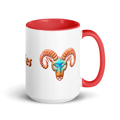 15oz White Ceramic Mug with Aries Symbol, Red Handle &amp; Inside