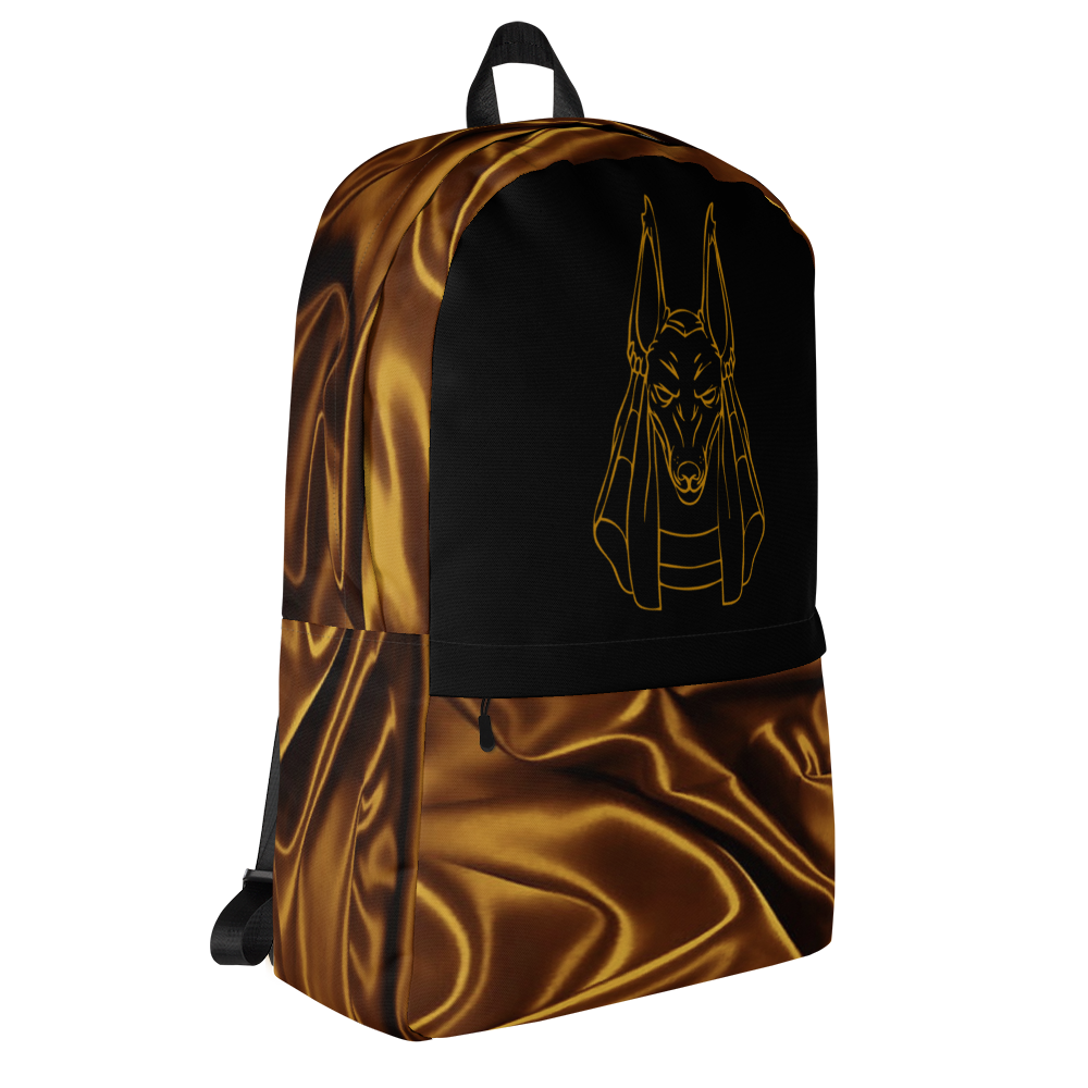 Backpack Featuring Anubis Line Drawing on Black Background and Gold Silk